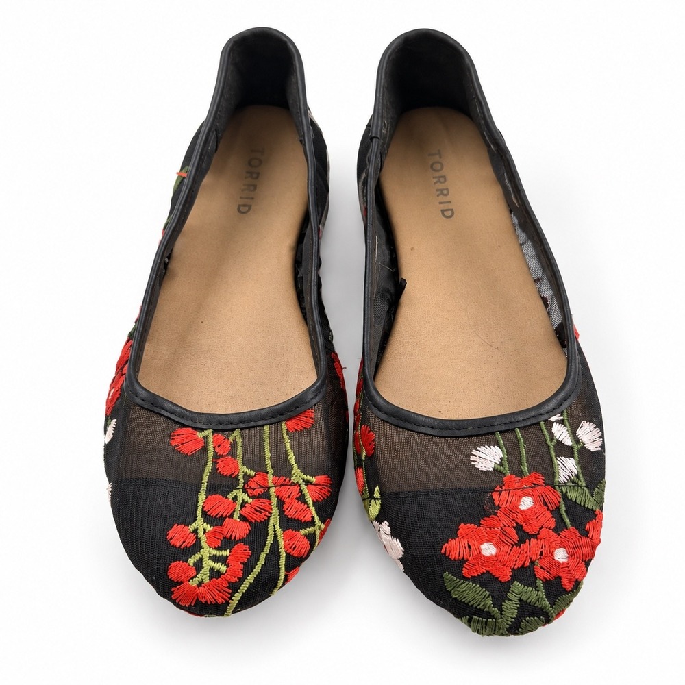 Torrid Vintage Black Mesh Floral Embroidered Ballet Slip On Flats Women's Size 9